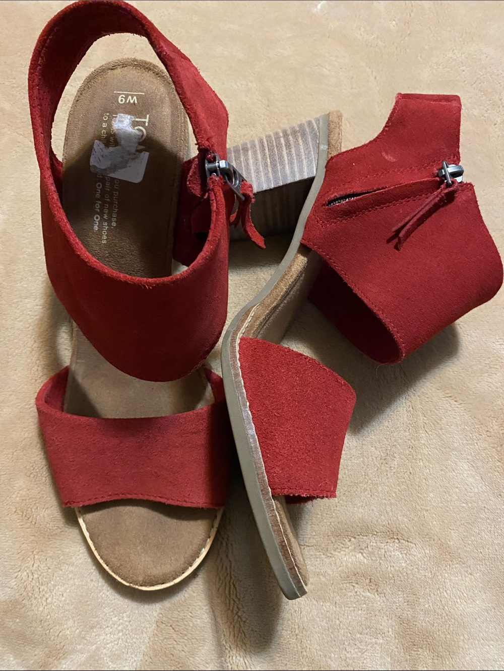 Toms Majorca Red Suede Open-Toe Block Heel Sandals Sz 9
